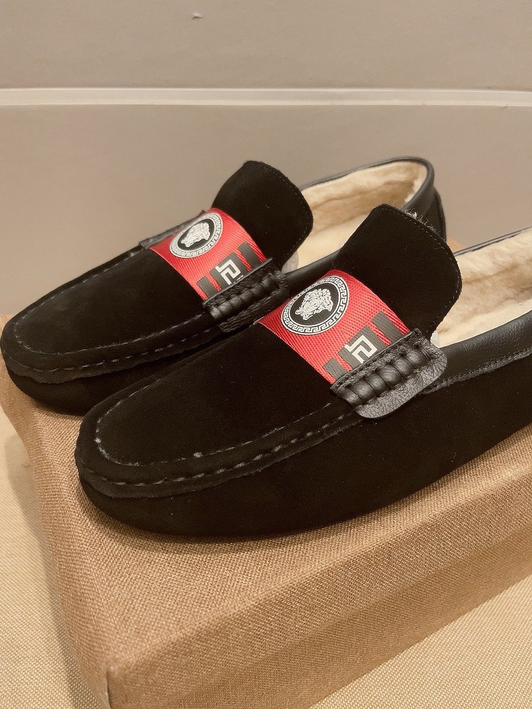 Versace Men's Black Red Accent Slip-On Loafers