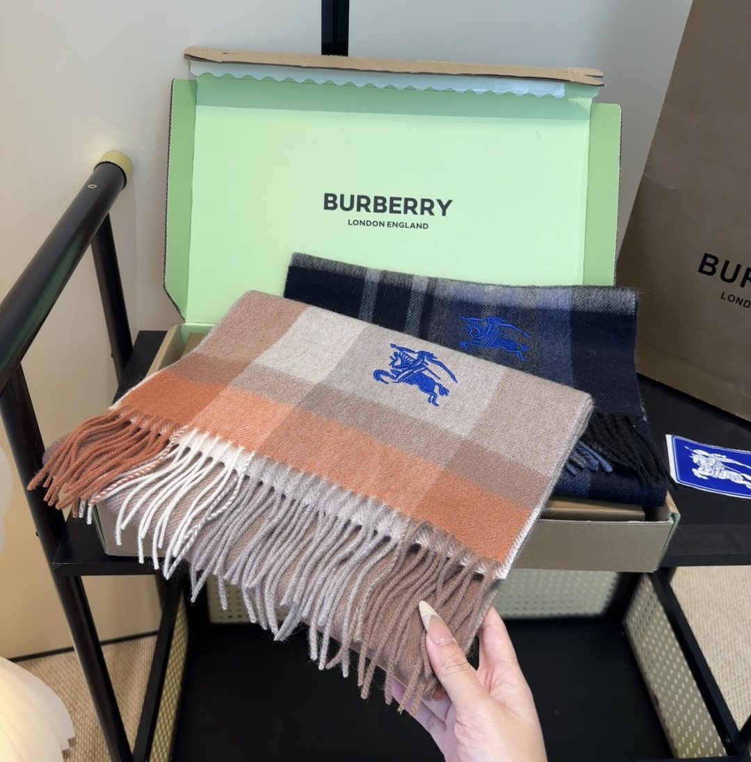 Burberry Taupe Plaid Fringed Scarf